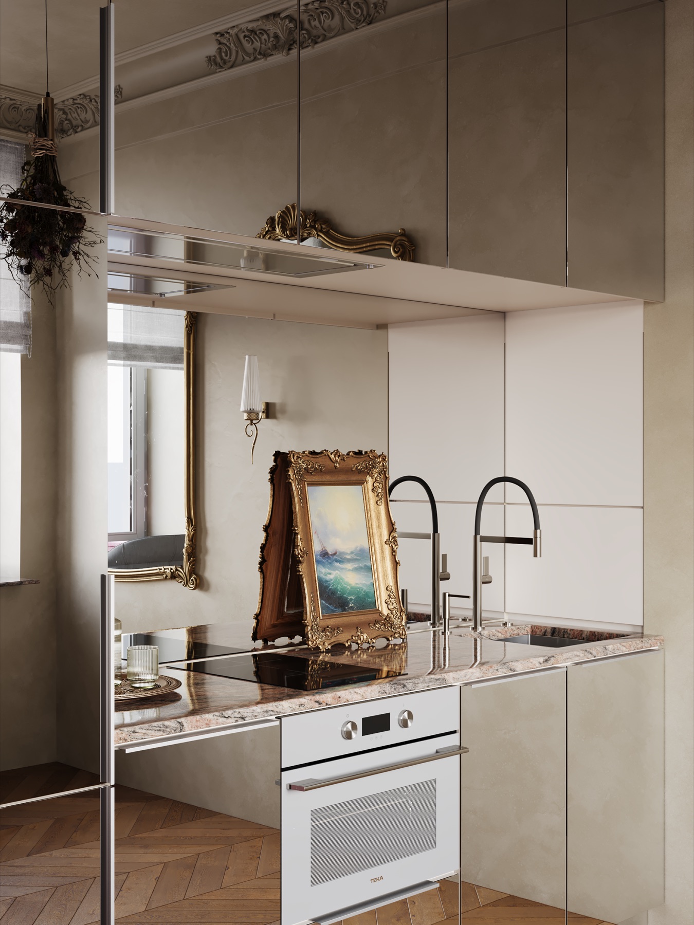 Kitchen with mirrored cabinetry and classical details