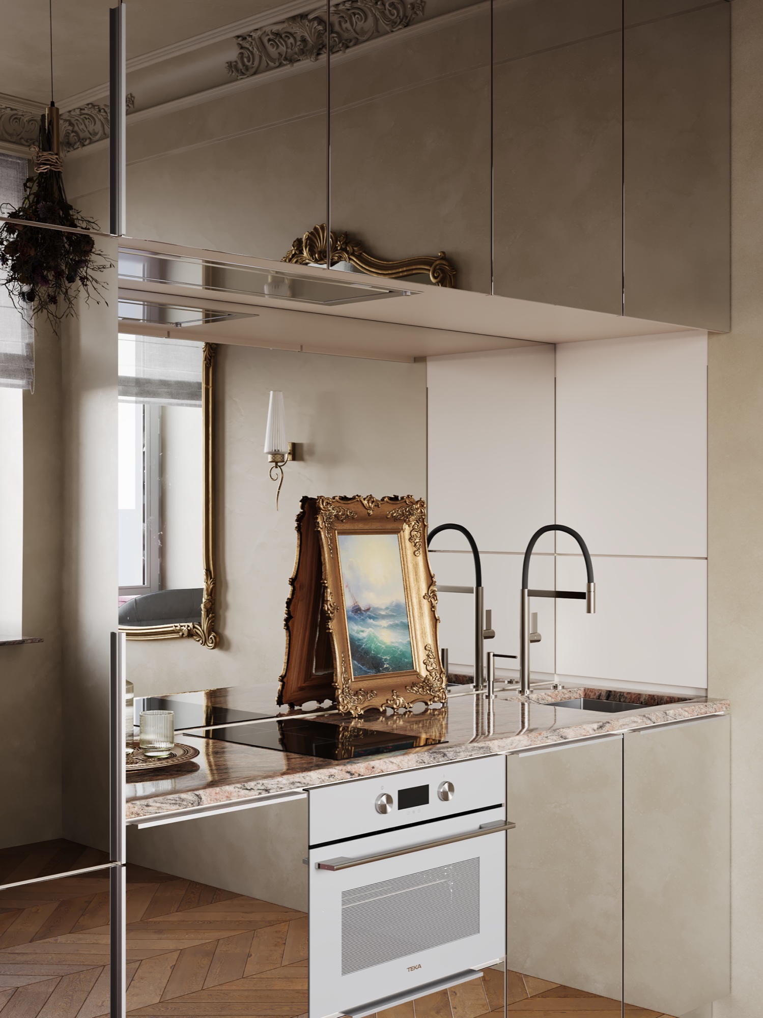 Mirror Kitchen with reflective cabinetry