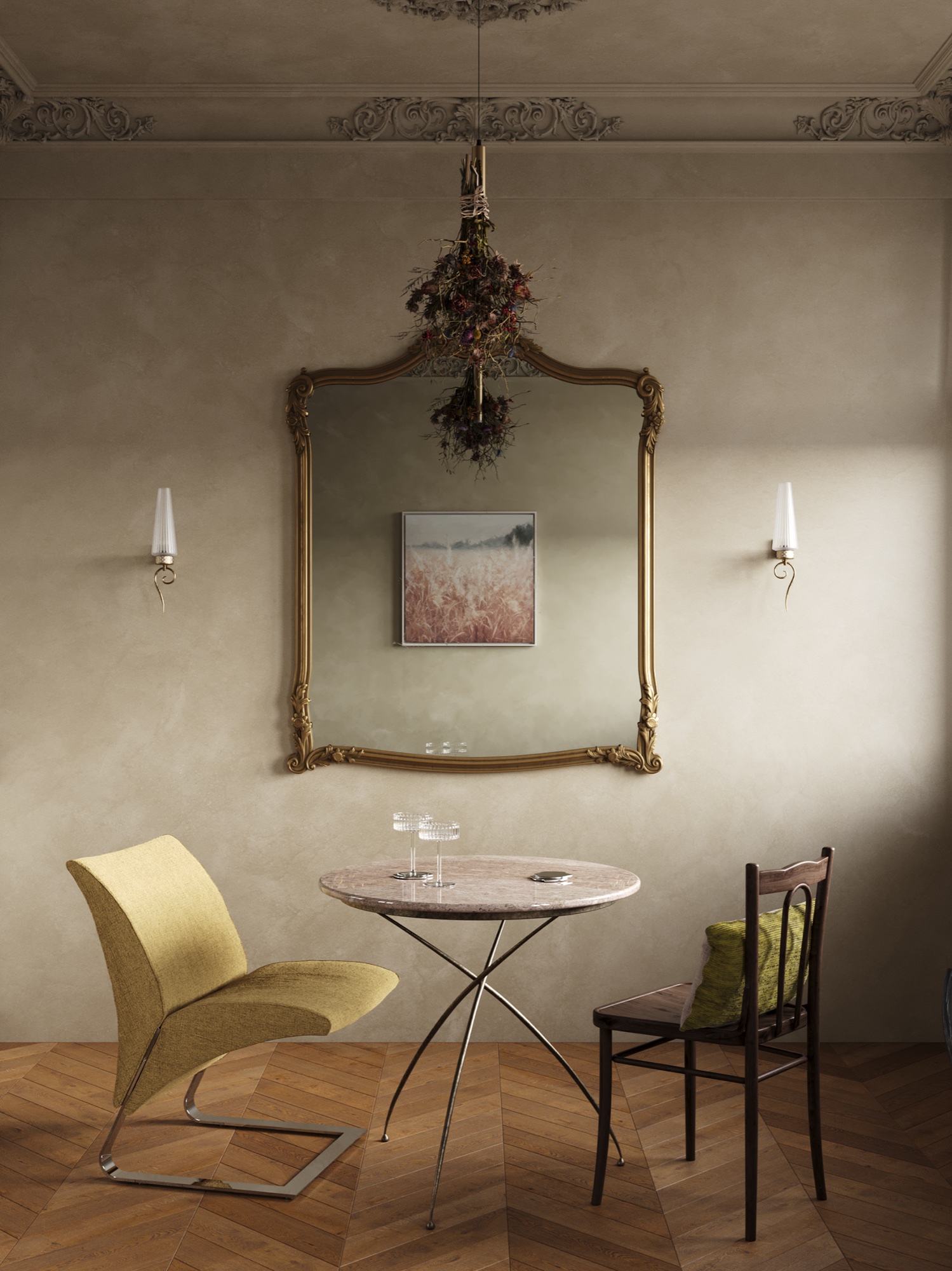 Dining vignette with antique mirror