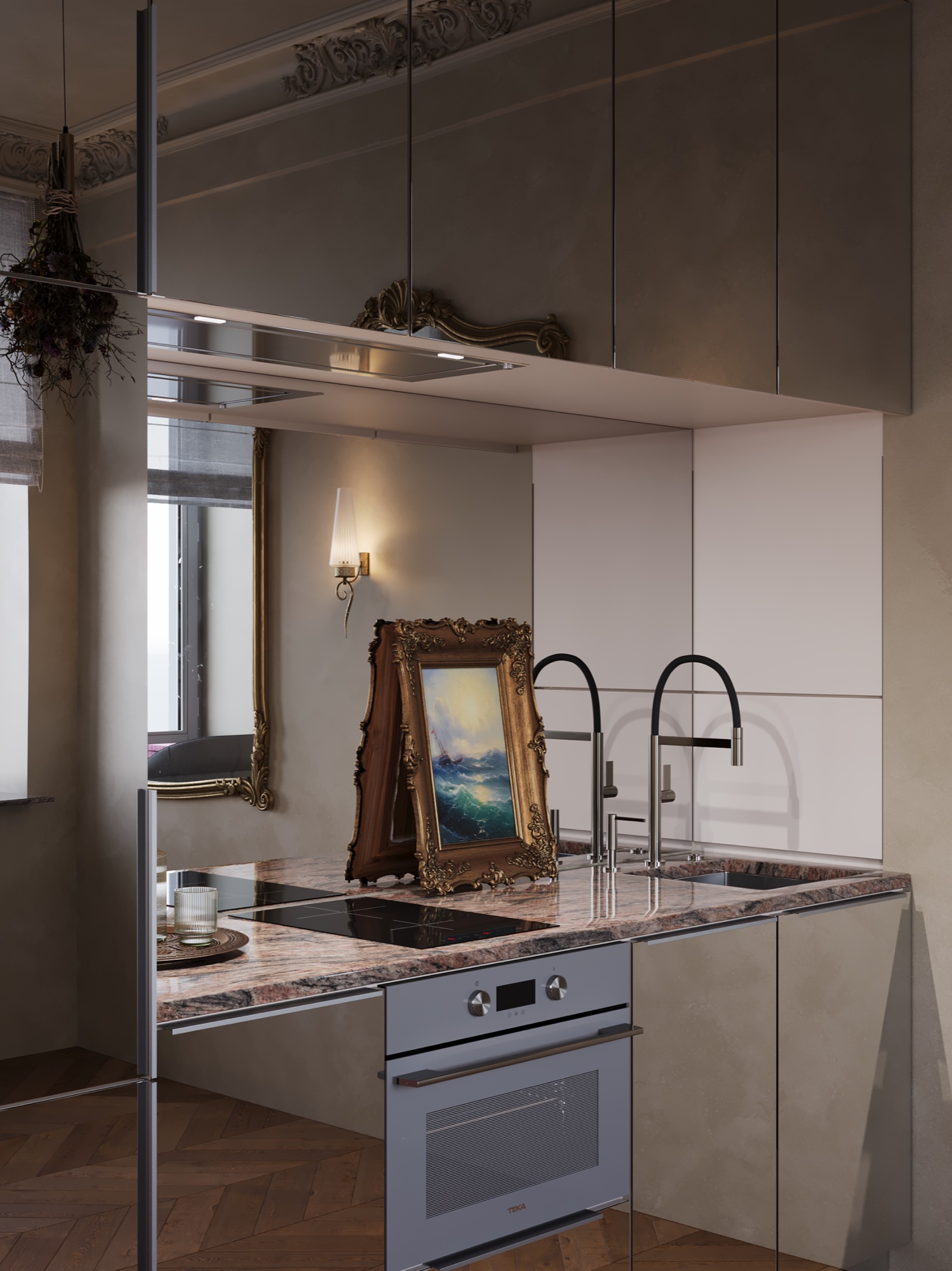 Mirror kitchen with evening task lighting