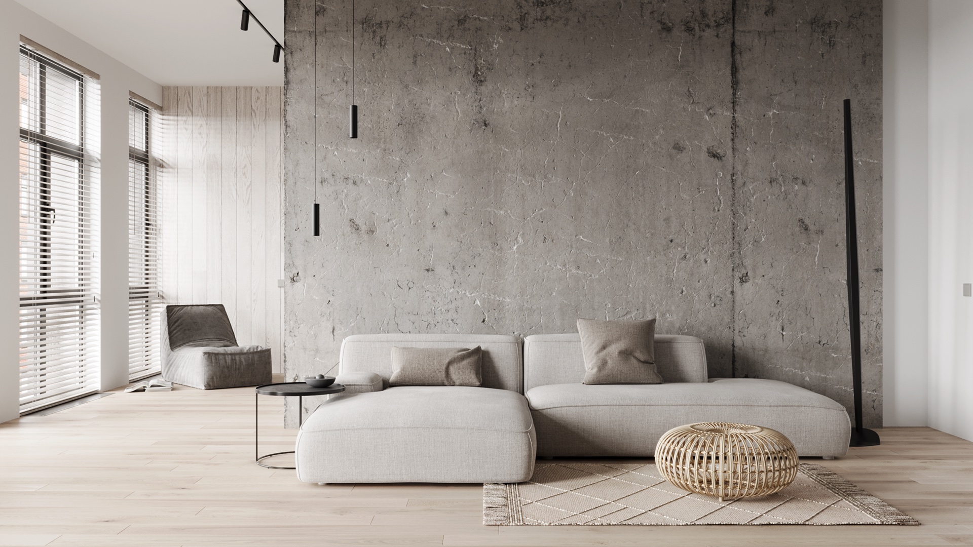 Living room facing the textured wall