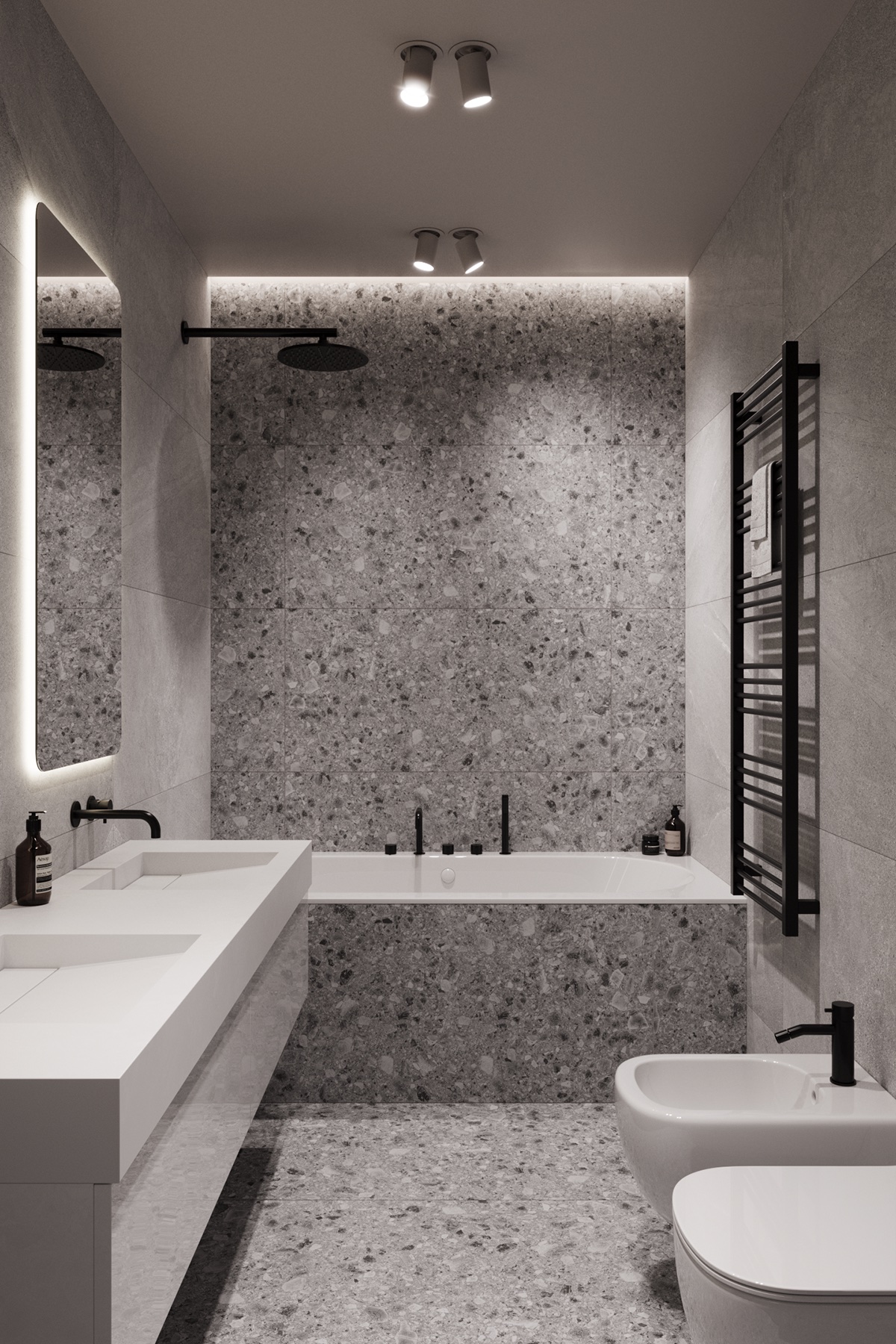 Bathroom with terrazzo wall and bathtub