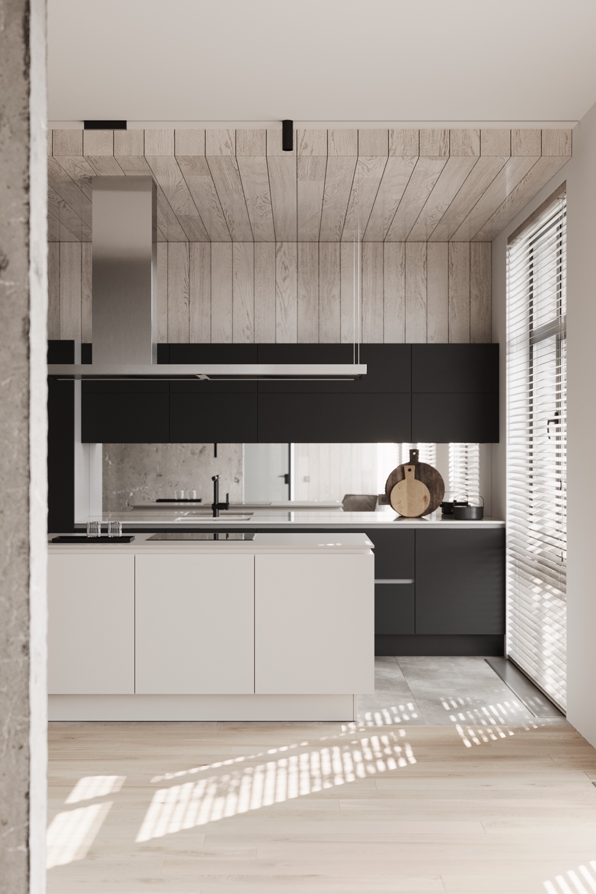 Kitchen framed by pale timber